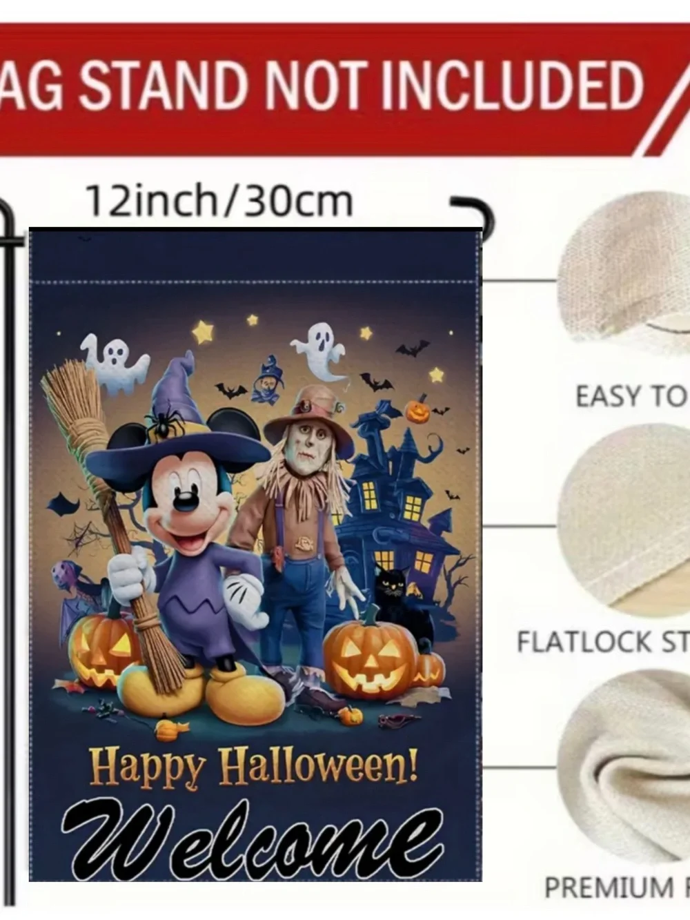Halloween Mickey Mouse Garden Flag, approximately 12”x18”, burlap